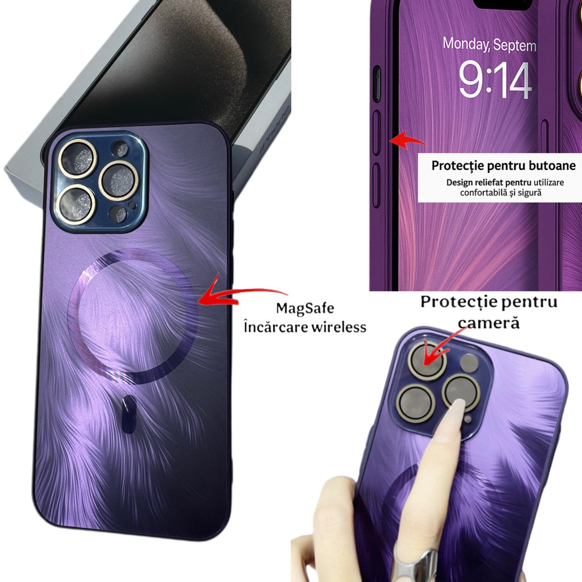 Husa de Protectie Pentru iPhone 15 ProMax MagSafe, Culoare Mov, lucios cu efect 3D tip Pana, design elegant si protectie completa inclusiv Lentile impotriva socurilor si zgarieturilor