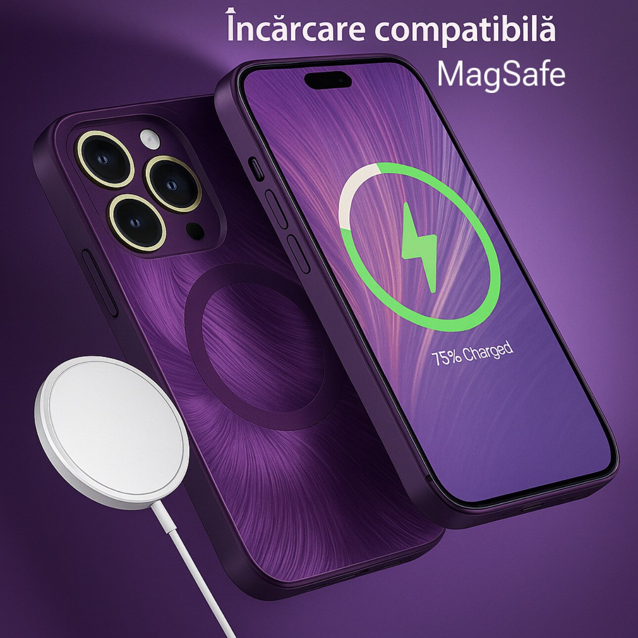 Husa de Protectie Pentru iPhone 15 ProMax MagSafe, Culoare Mov, lucios cu efect 3D tip Pana, design elegant si protectie completa inclusiv Lentile impotriva socurilor si zgarieturilor