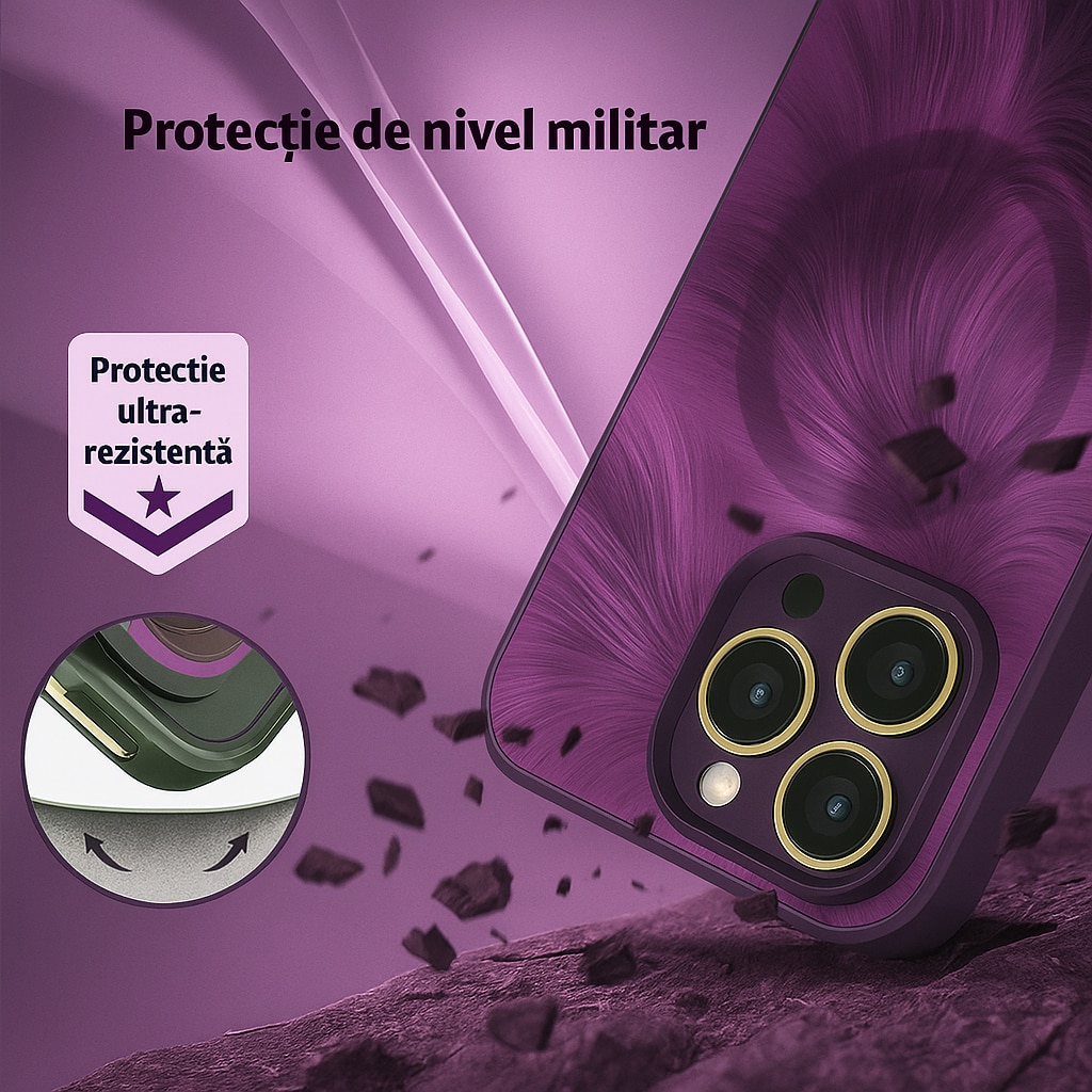 Husa de Protectie Pentru iPhone 15 ProMax MagSafe, Culoare Mov, lucios cu efect 3D tip Pana, design elegant si protectie completa inclusiv Lentile impotriva socurilor si zgarieturilor