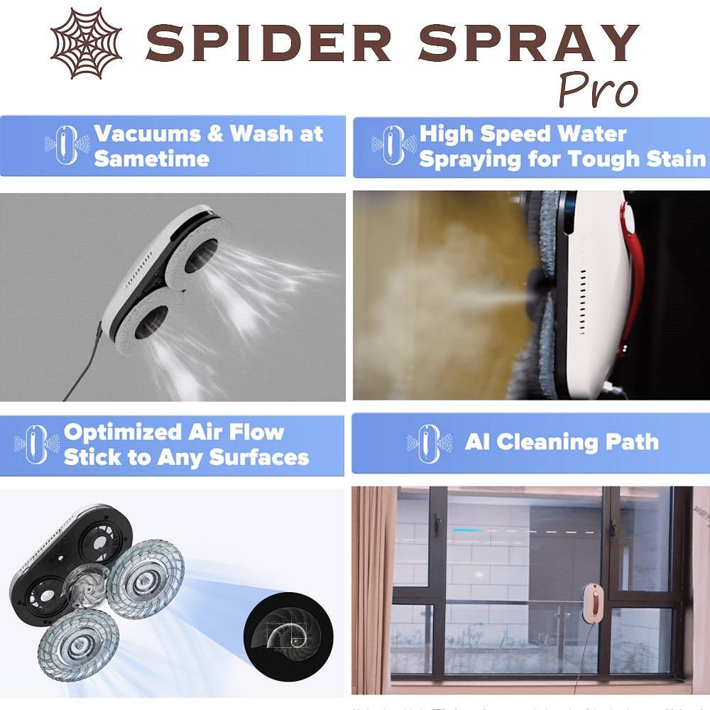 Robot de curatat geamuri Spider Spray Pro, miscare rapida, baza de incarcare, duze cu ultrasunete, aplicatie