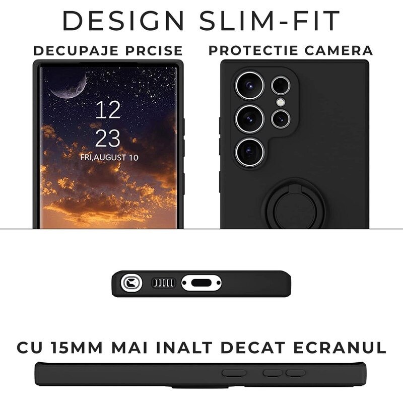 Husa pentru Samsung Galaxy S25 DaDen cu inel rotativ 360, Silicon Premium, Camera Protection, Antisoc, Negru