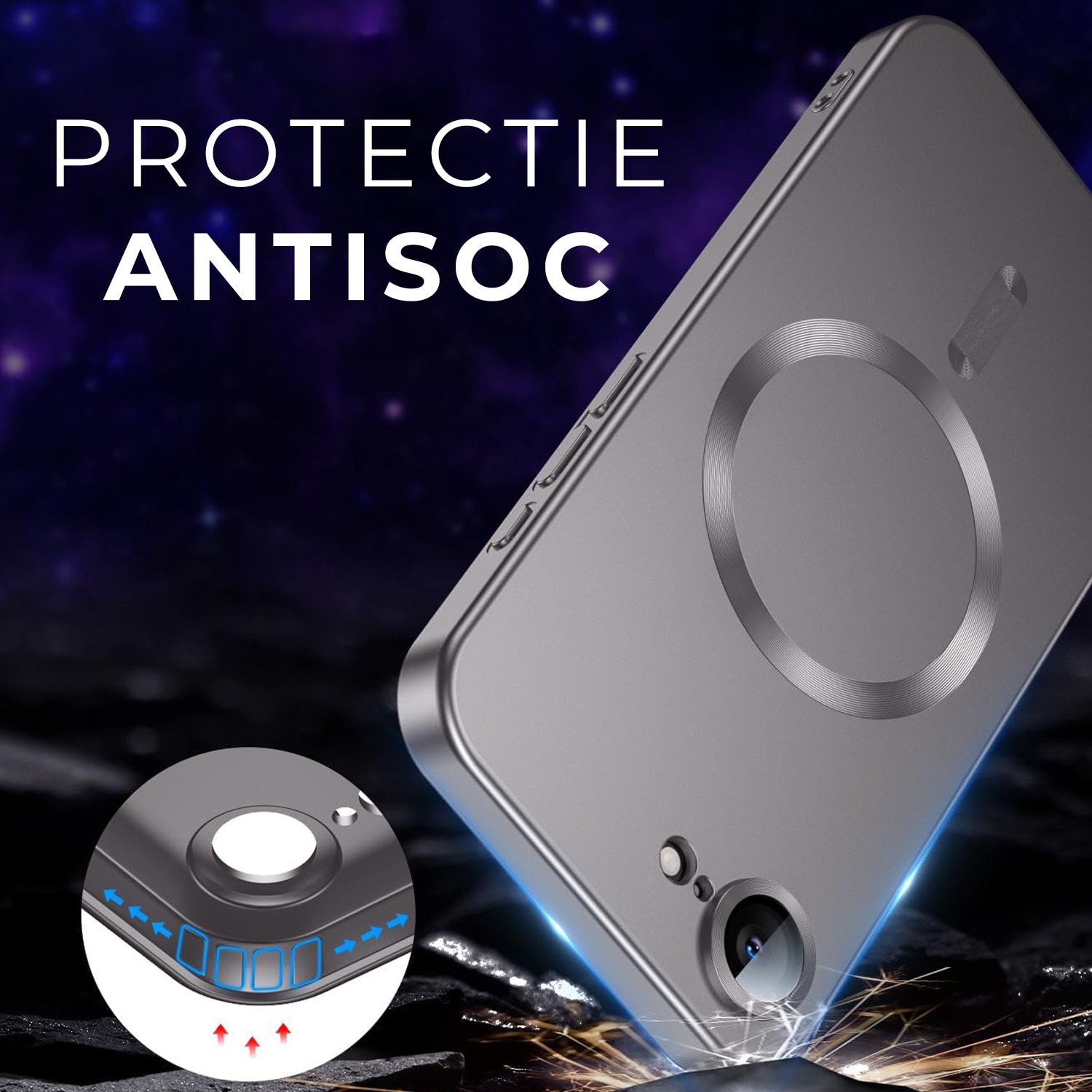 Husa pentru Iphone 16e Daden Magsafe Luxury cu protectie camera, Antisoc, Transparent cu margini argintii