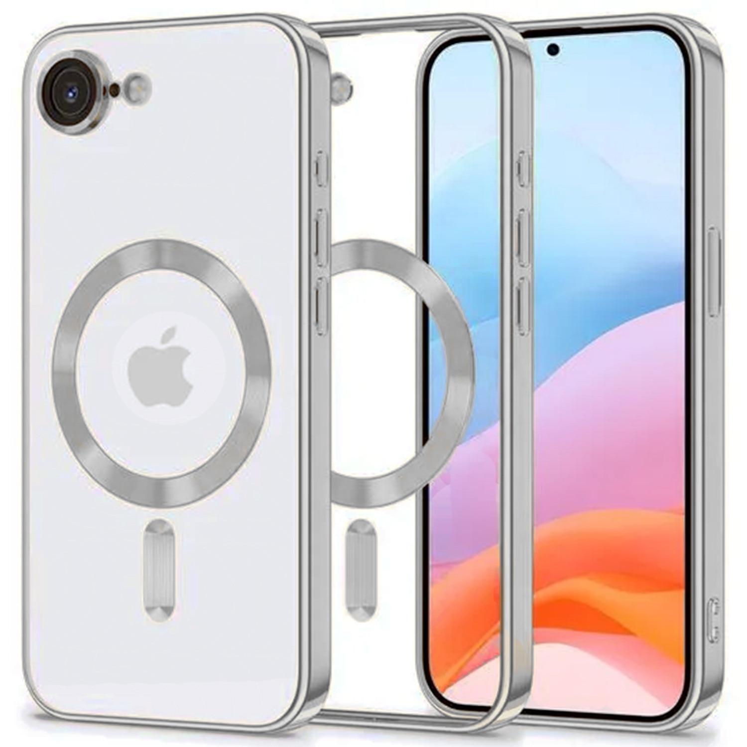 Husa pentru Iphone 16e Daden Magsafe Luxury cu protectie camera, Antisoc, Transparent cu margini argintii