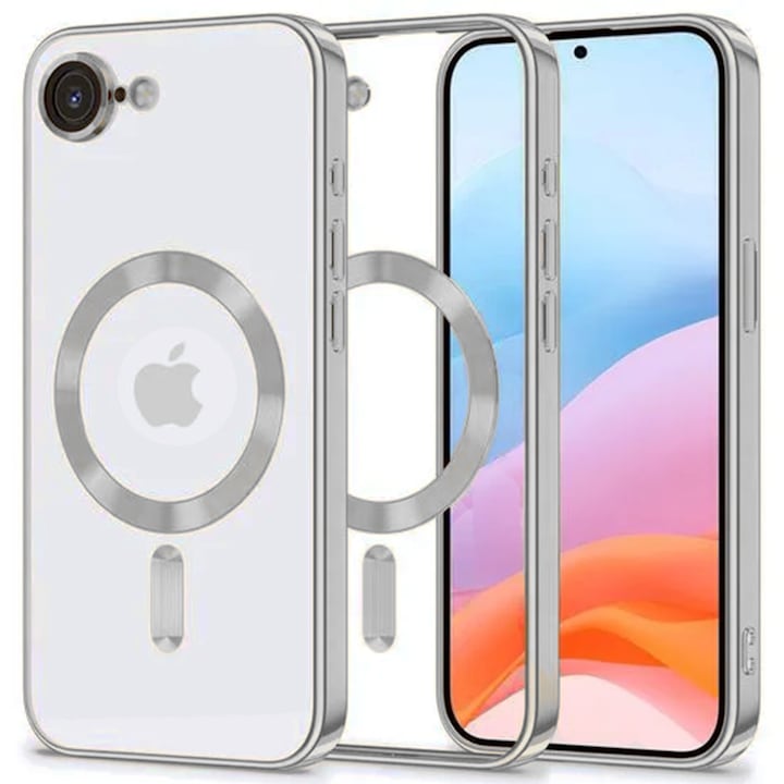 Husa pentru Iphone 16e Daden Magsafe Luxury cu protectie camera, Antisoc, Transparent cu margini argintii