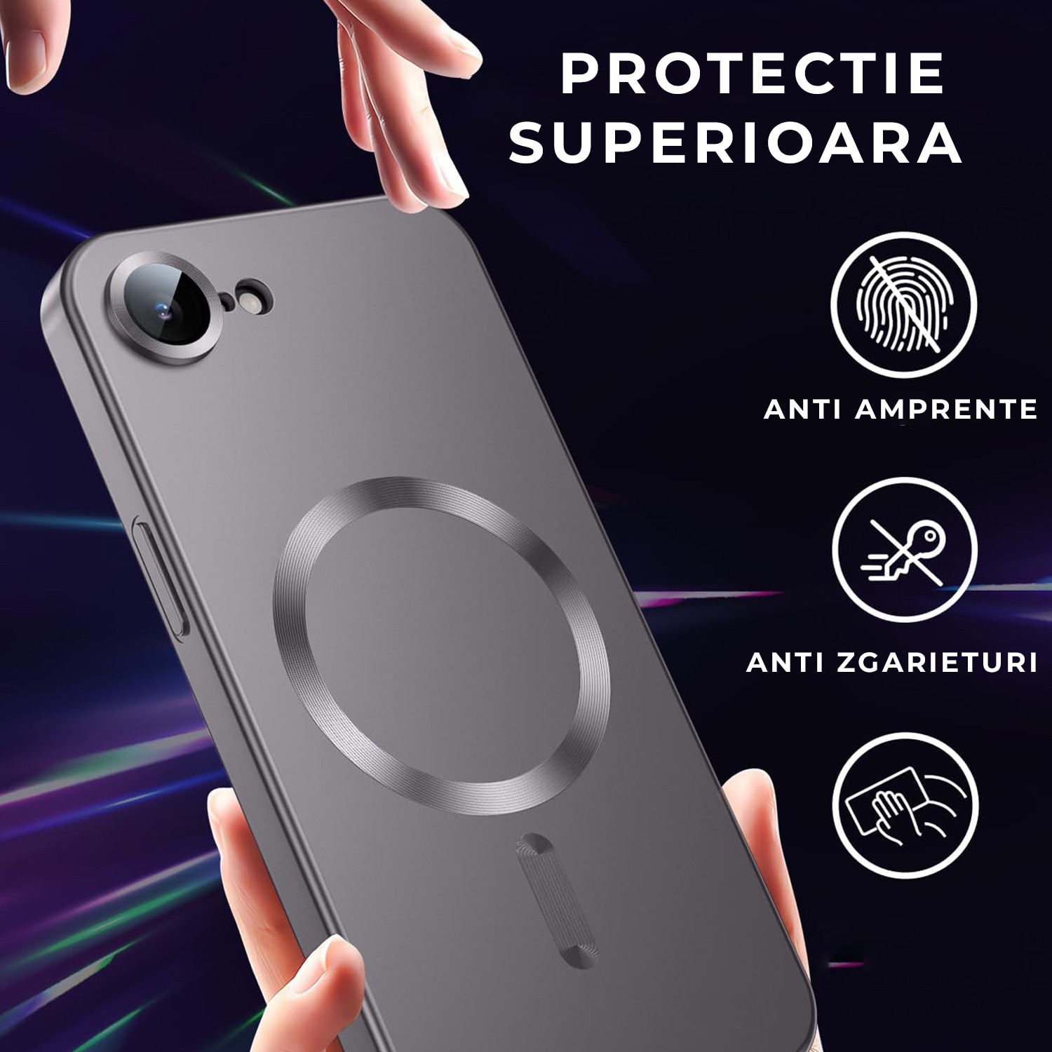 Husa pentru Iphone 16e Daden Magsafe Luxury cu protectie camera, Antisoc, Transparent cu margini argintii