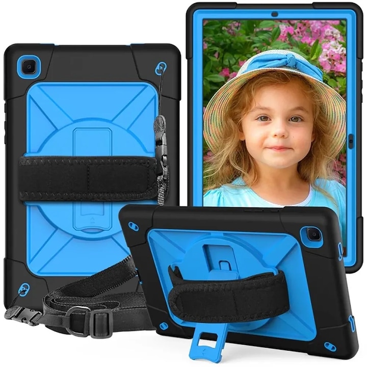 Husa tableta, Samsung Galaxy Tab A7, 10,4", 3 straturi, albastra, cu suport si curea ajustabila