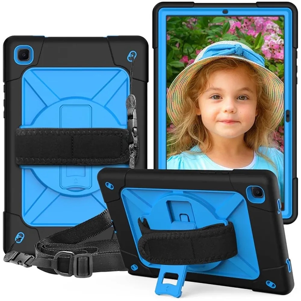 Husa tableta, Samsung Galaxy Tab A7, 10,4", 3 straturi, albastra, cu suport si curea ajustabila