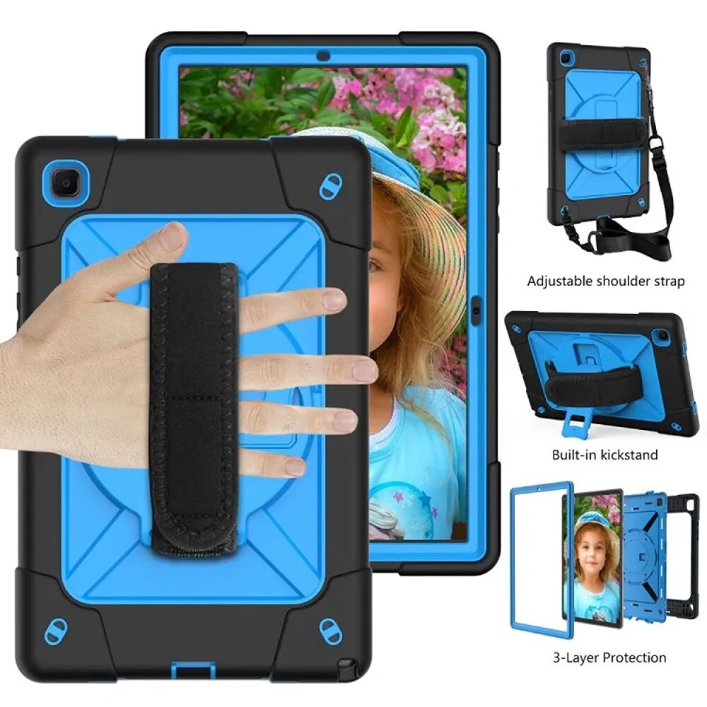 Husa tableta, Samsung Galaxy Tab A7, 10,4", 3 straturi, albastra, cu suport si curea ajustabila