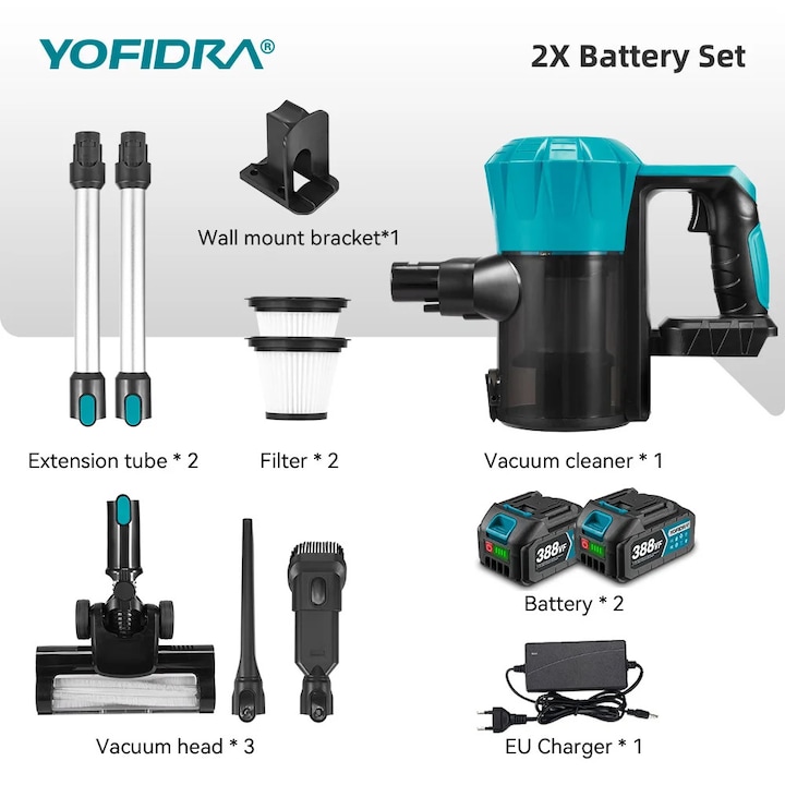 Aspirator fara fir, 1800W, 2 baterii, capacitate recipient 1500ml, putere de aspiratie 30 kPa