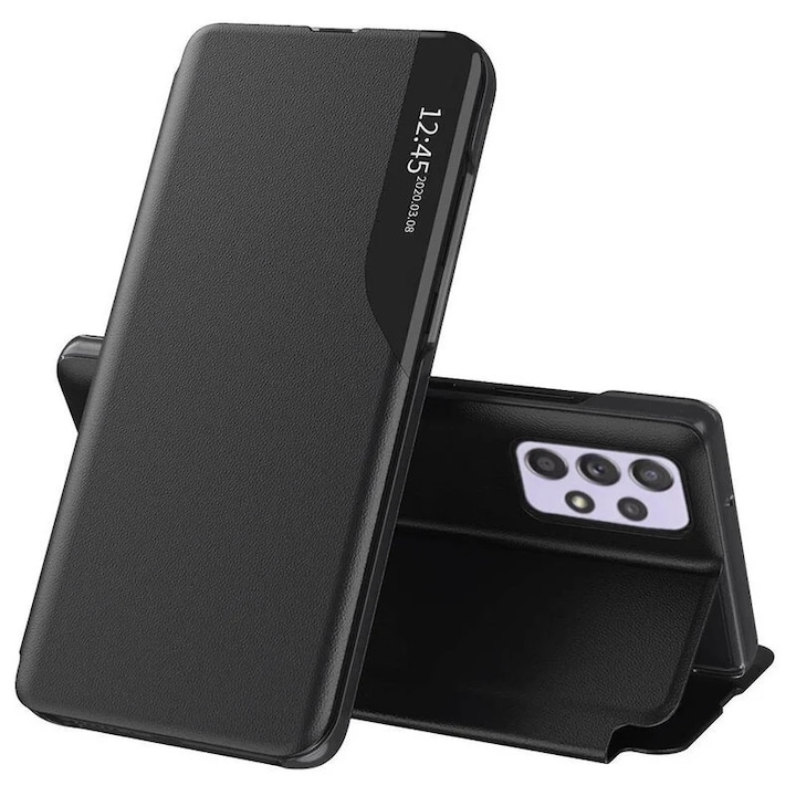 Husa pentru Samsung Galaxy A13 4G, SKYDDAR INNOVATION, eFold, tip carte, set cu sticker, Negru
