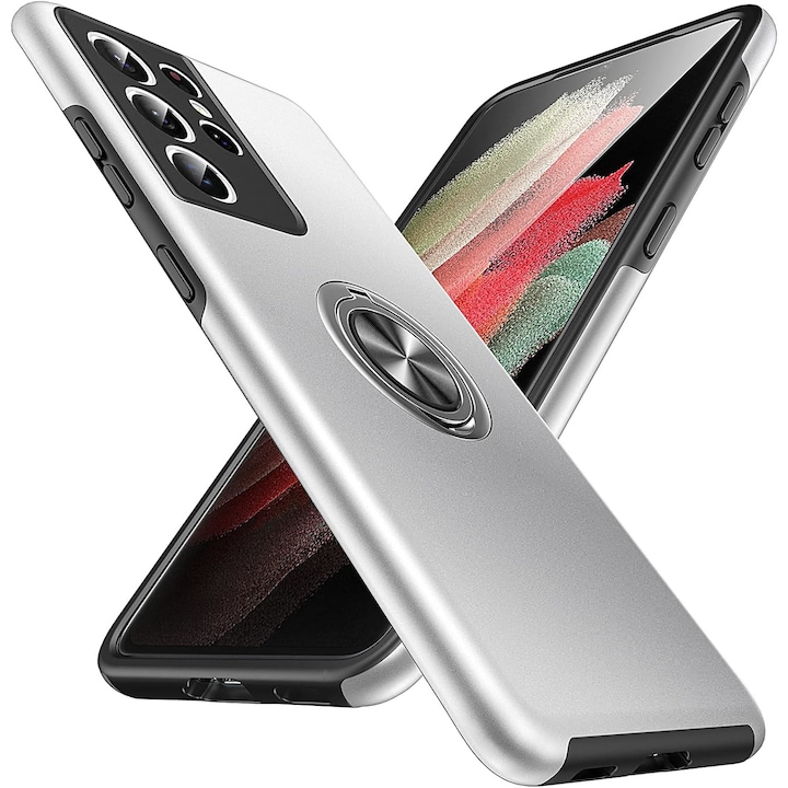 Husa pentru Samsung Galaxy S21 ULTRA, inel rotativ si Kickstand 360°, Protectie Militara Antisoc, cu disipare termica, Silver