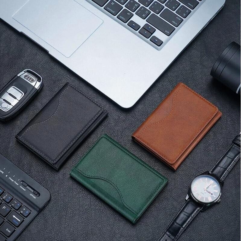Portofel MagSafe pentru iPhone, Tri-Fold, 6 Compartimente pentru Carduri, Suport triunghi, Leather effect, Negru
