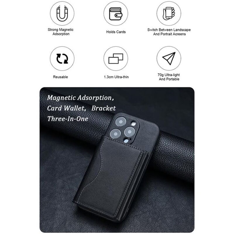 Portofel MagSafe pentru iPhone, Tri-Fold, 6 Compartimente pentru Carduri, Suport triunghi, Leather effect, Negru