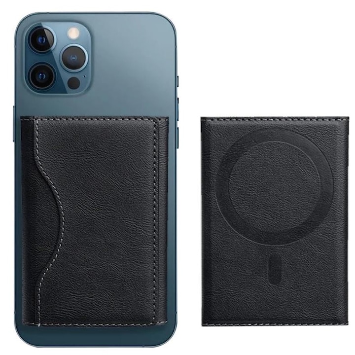 Portofel MagSafe pentru iPhone, Tri-Fold, 6 Compartimente pentru Carduri, Suport triunghi, Leather effect, Negru