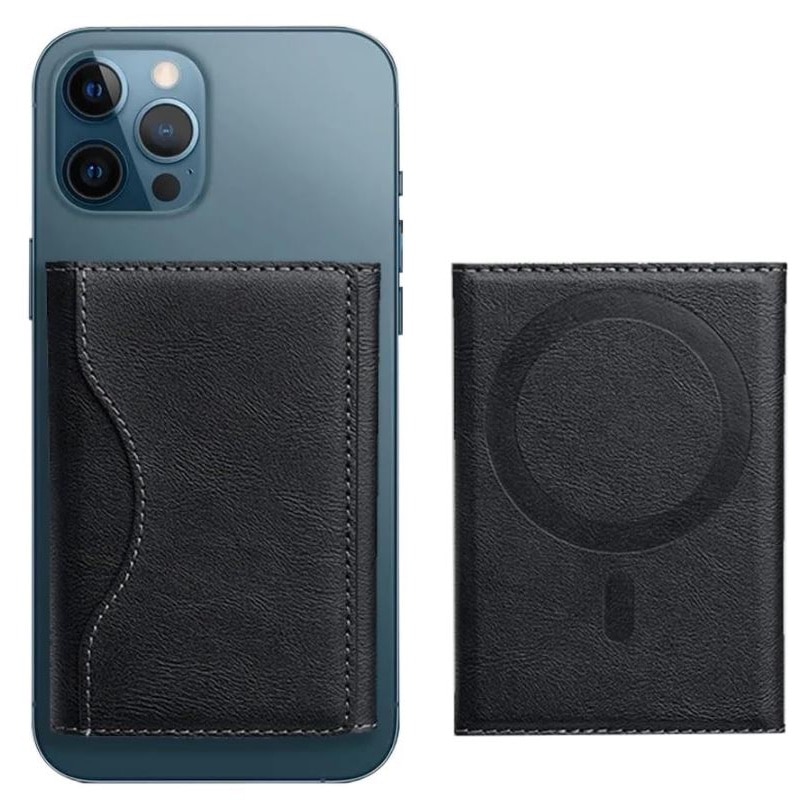 Portofel MagSafe pentru iPhone, Tri-Fold, 6 Compartimente pentru Carduri, Suport triunghi, Leather effect, Negru