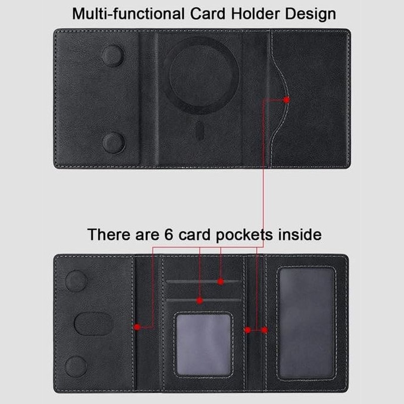 Portofel MagSafe pentru iPhone, Tri-Fold, 6 Compartimente pentru Carduri, Suport triunghi, Leather effect, Negru