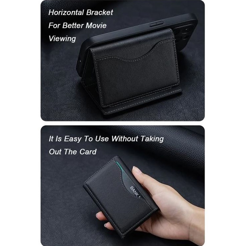 Portofel MagSafe pentru iPhone, Tri-Fold, 6 Compartimente pentru Carduri, Suport triunghi, Leather effect, Negru