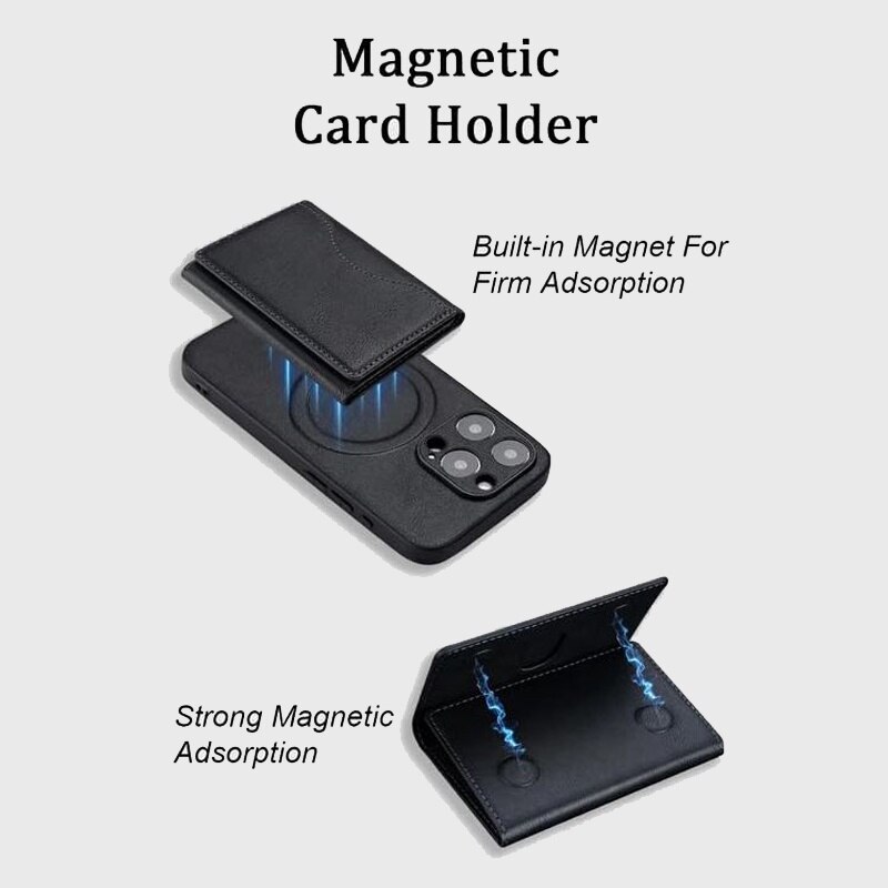 Portofel MagSafe pentru iPhone, Tri-Fold, 6 Compartimente pentru Carduri, Suport triunghi, Leather effect, Negru