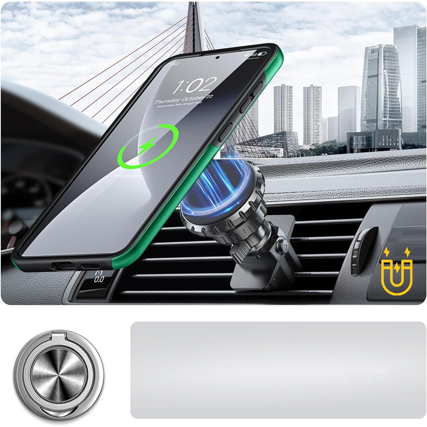 Husa pentru Samsung Galaxy S24 FE, inel rotativ si Kickstand 360°, Protectie Militara Antisoc, cu disipare termica, Verde
