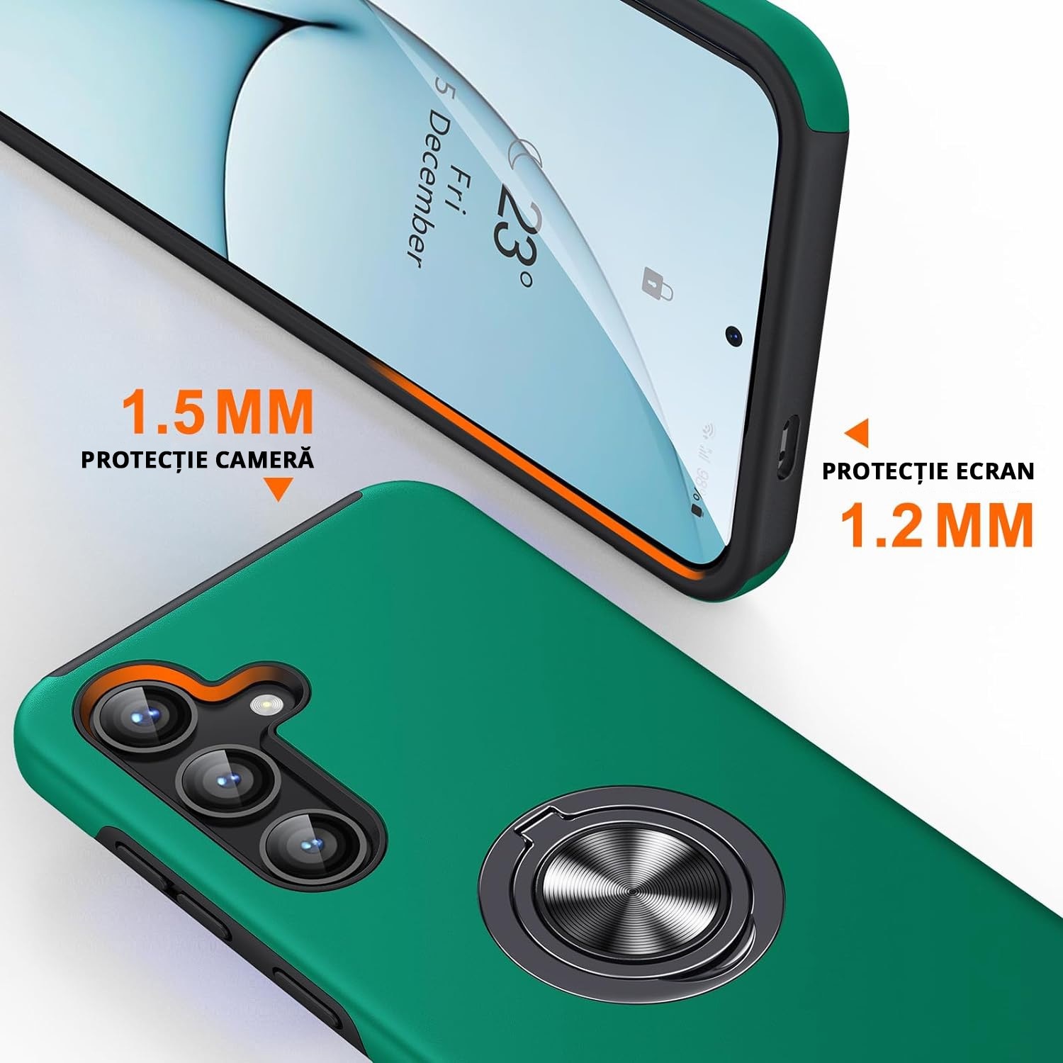 Husa pentru Samsung Galaxy S24 FE, inel rotativ si Kickstand 360°, Protectie Militara Antisoc, cu disipare termica, Verde