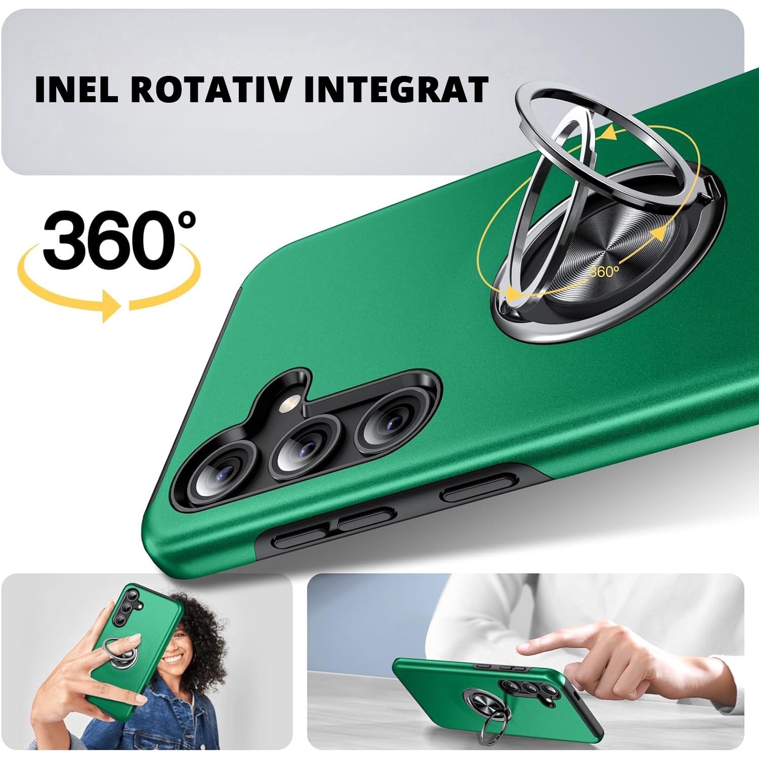 Husa pentru Samsung Galaxy S24 FE, inel rotativ si Kickstand 360°, Protectie Militara Antisoc, cu disipare termica, Verde