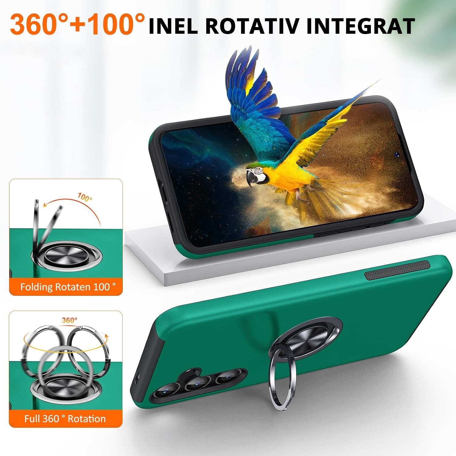 Husa pentru Samsung Galaxy S24 FE, inel rotativ si Kickstand 360°, Protectie Militara Antisoc, cu disipare termica, Verde