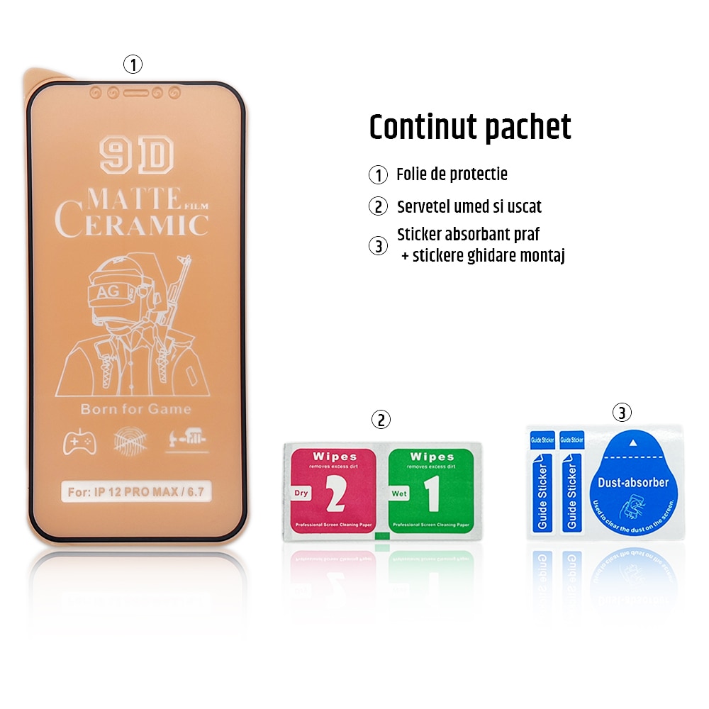 Folie de protectie ceramica, compatibila cu Apple iPhone 12 Pro Max, Full Cover, Negru/Mata