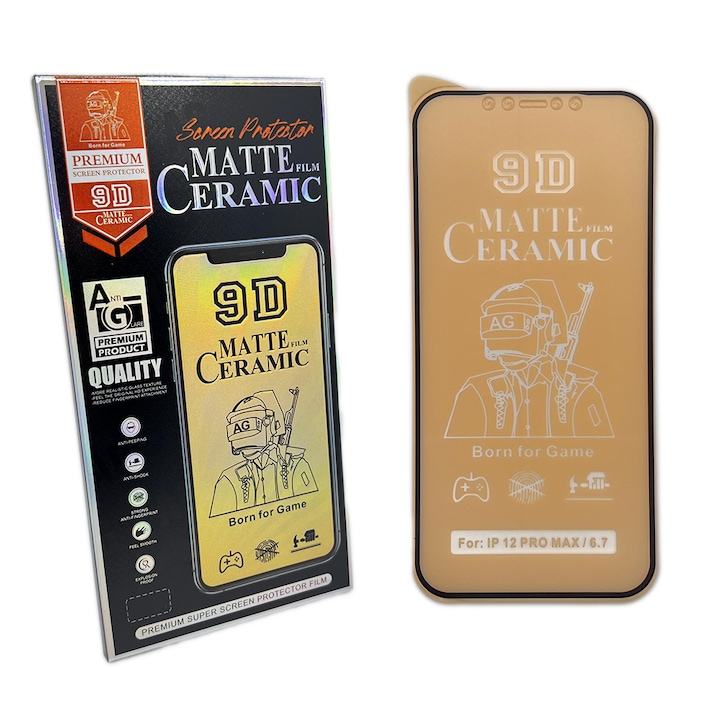 Folie de protectie ceramica, compatibila cu Apple iPhone 12 Pro Max, Full Cover, Negru/Mata