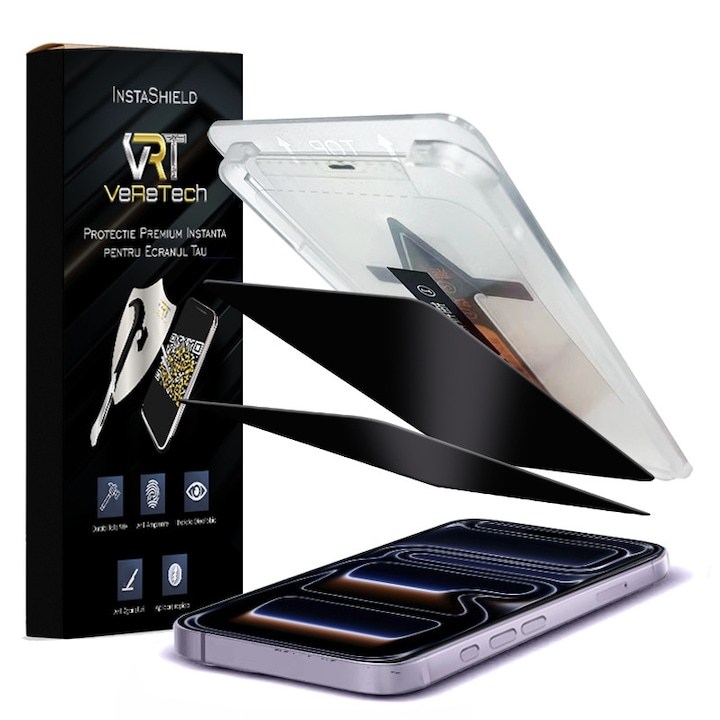 Folie de Protectie Privacy, InstaShield by VeReTech pentru iPhone 17 Pro, cu Kit de Aplicare Instanta si Functie Automata de Indepartare a Prafului, din Sticla Securizata 9H+, Claritate Super HD, Tratament Electronic Oleofobic si Anti Amprente