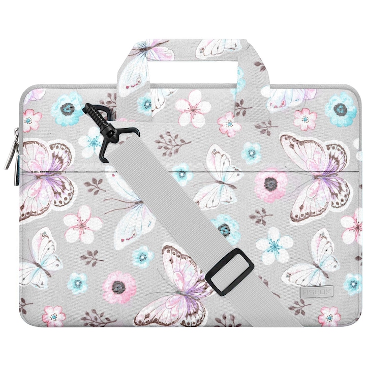 Geanta pentru laptop, Hseok, 13/13,3/14 inch, Curea de umar, impermeabil, Poliester, Compatibila cu MacBook Pro/Air/Lenovo/Dell/HP, Butterfly & gray