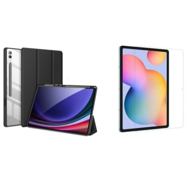 Husa Smart Cover si folie sticla securizata compatibila cu Samsung Galaxy Tab S9 11inch/ S9 FE 10.9inch, Slot Pen, Negru, TELGORBCS