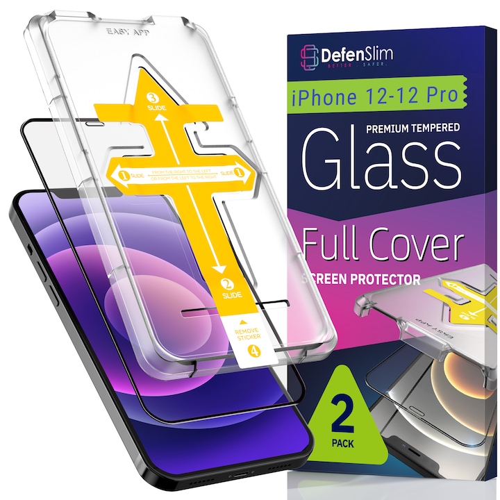 Set 2 Folii sticla pentru iPhone 12 / 12 Pro, Full Cover 3D, DefenSlim, instalare usoara si rapida cu dispozitiv de potrivire automata in 30 sec cu Easy Install Kit patentat, protectie telefon