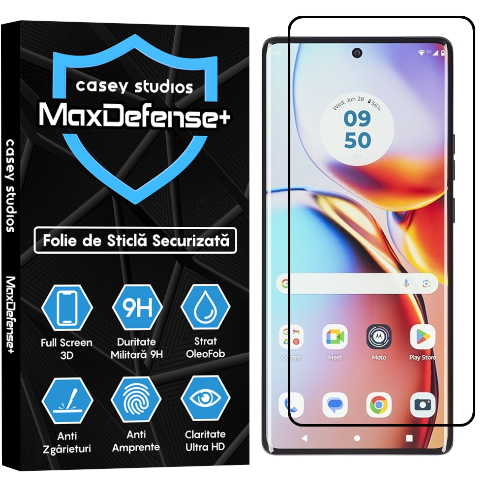 Folie Sticla CASEY STUDIOS™ compatibila cu Motorola Edge Plus 2023, Full Cover 3D, Full Glue, Duritate Militara, Ultra HD, Anti Zgarieturi, Anti Amprente, Anti Socuri, Margini Negre
