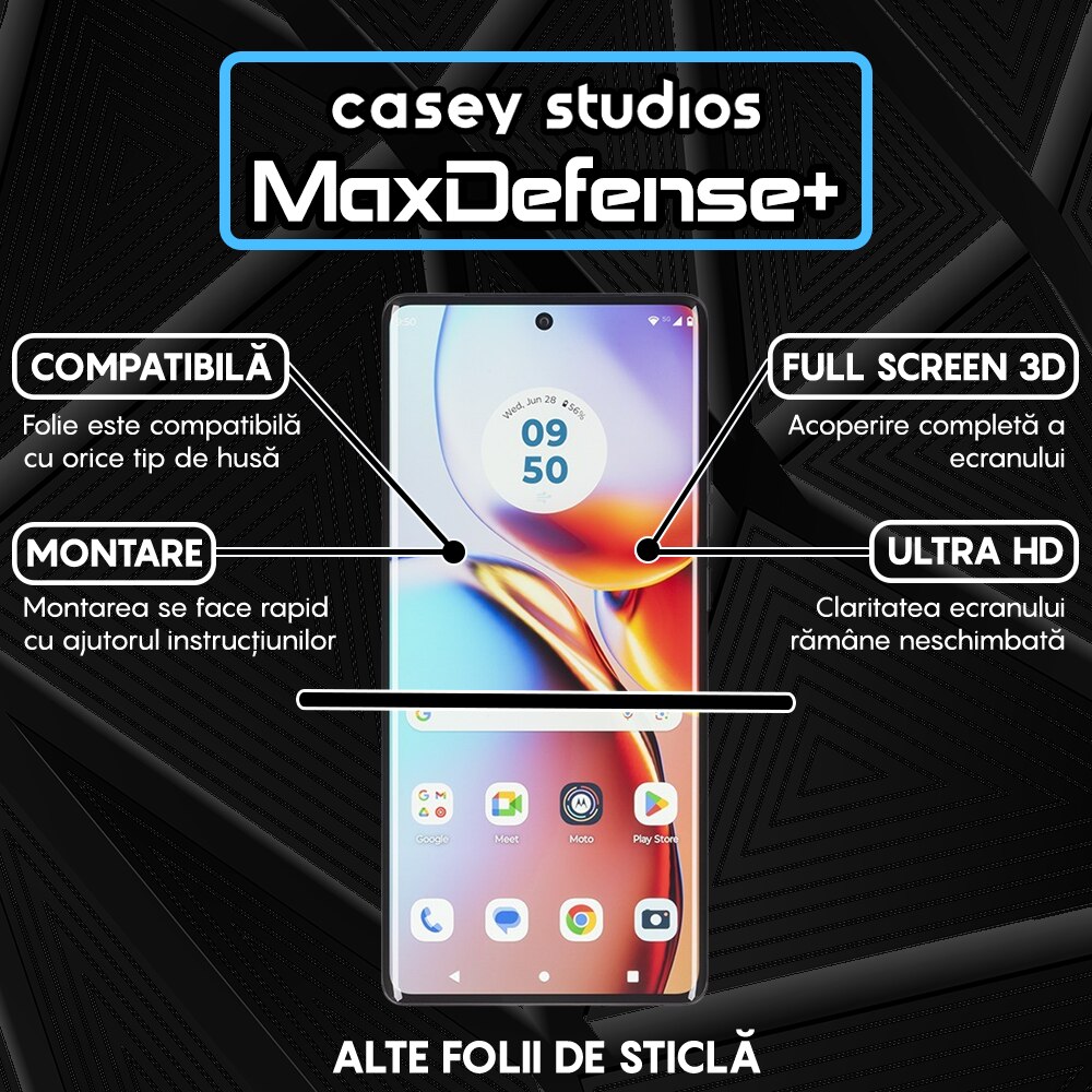 Folie Sticla CASEY STUDIOS™ compatibila cu Motorola Edge Plus 2023, Full Cover 3D, Full Glue, Duritate Militara, Ultra HD, Anti Zgarieturi, Anti Amprente, Anti Socuri, Margini Negre