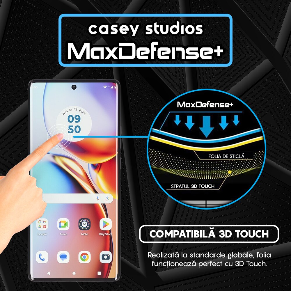 Folie Sticla CASEY STUDIOS™ compatibila cu Motorola Edge Plus 2023, Full Cover 3D, Full Glue, Duritate Militara, Ultra HD, Anti Zgarieturi, Anti Amprente, Anti Socuri, Margini Negre