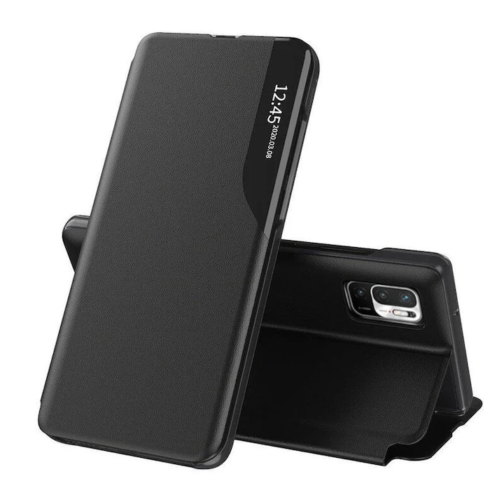 Husă tip carte pentru Xiaomi Redmi Note 10 5G/Poco M3 Pro 5G, SKYDDAR INNOVATION, eFold, negru, set cu sticker 40x40mm