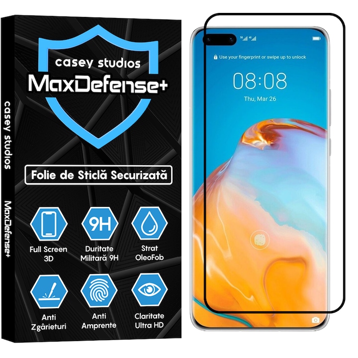 Folie Sticla CASEY STUDIOS™ compatibila cu Huawei P40 Pro / P40 Pro Plus, Full Cover 3D, Full Glue, Duritate Militara, Ultra HD, Anti Zgarieturi, Anti Socuri, Margini Negre