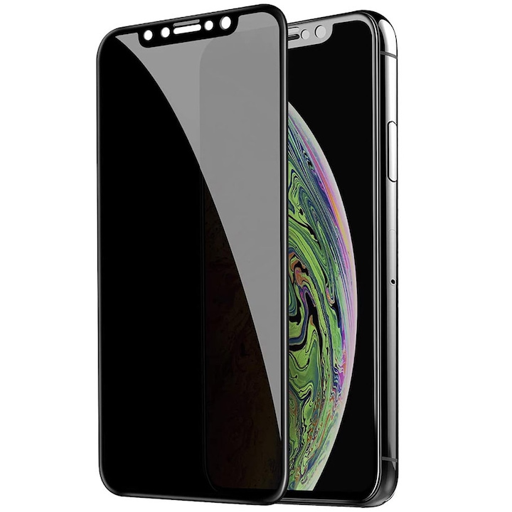 Folie Sticla Privacy compatibila cu iPhone X / XS, Protectie Ecran Full Cover 3D, Full Glue, Joyshell© - Negru