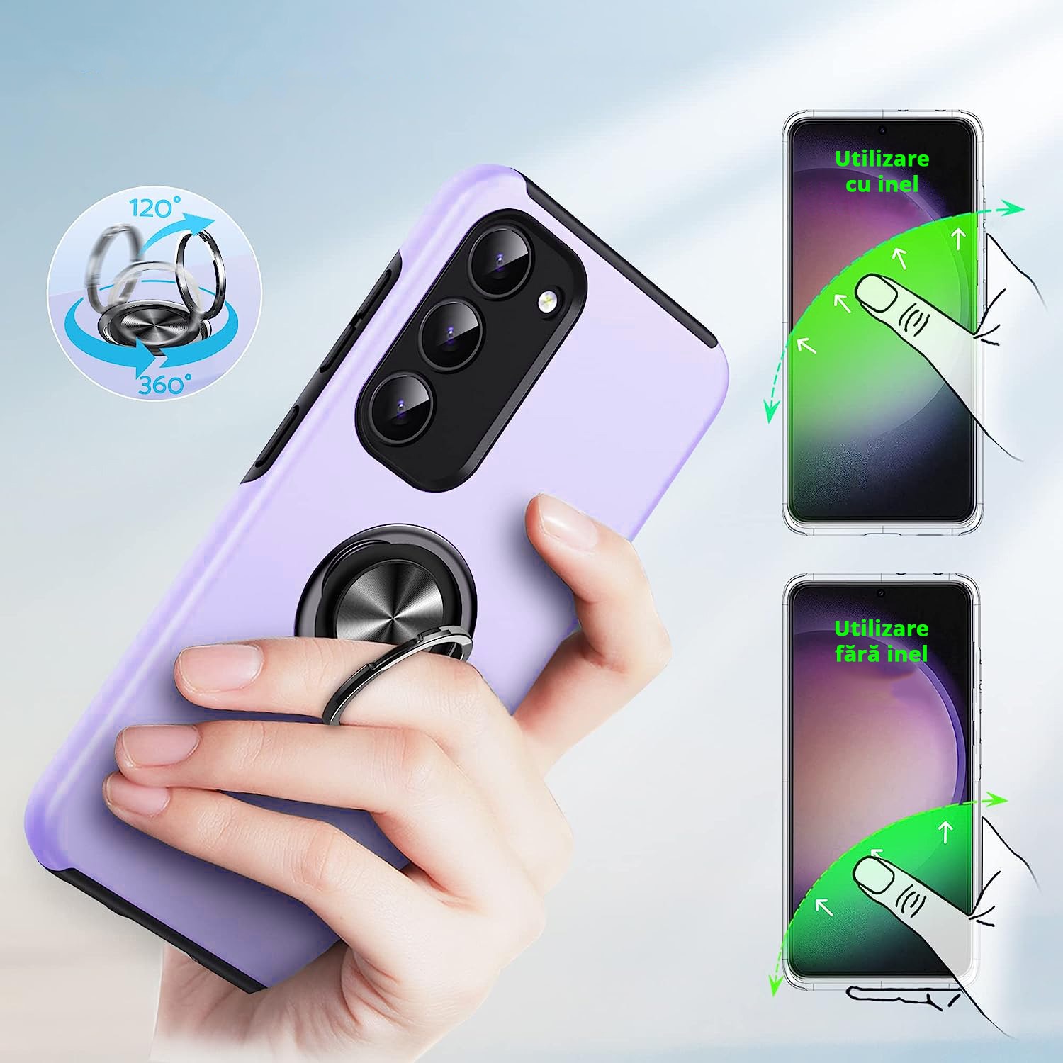 Husa pentru Samsung Galaxy S23 Plus, inel rotativ 360° si Kickstand, Protectie Militara Antisoc, cu disipare termica, Purple