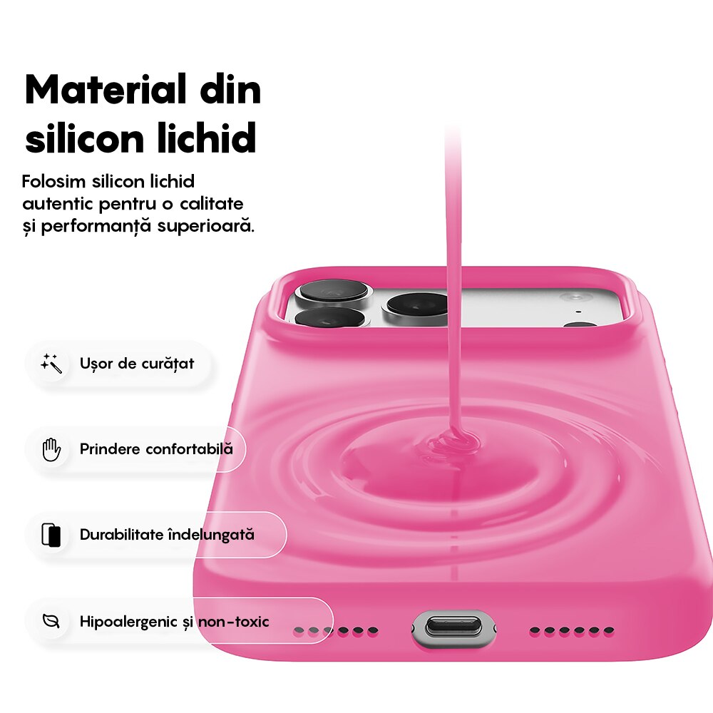 Husa CASEY STUDIOS™ pentru Apple iPhone 17 Pro, Soft Silicone Premium, Microfibra in Interior, de Protectie, Ultra Slim, pentru Incarcare Wireless, Margini Ridicate pentru Protectia Ecranului si a Camerelor, Fucsia