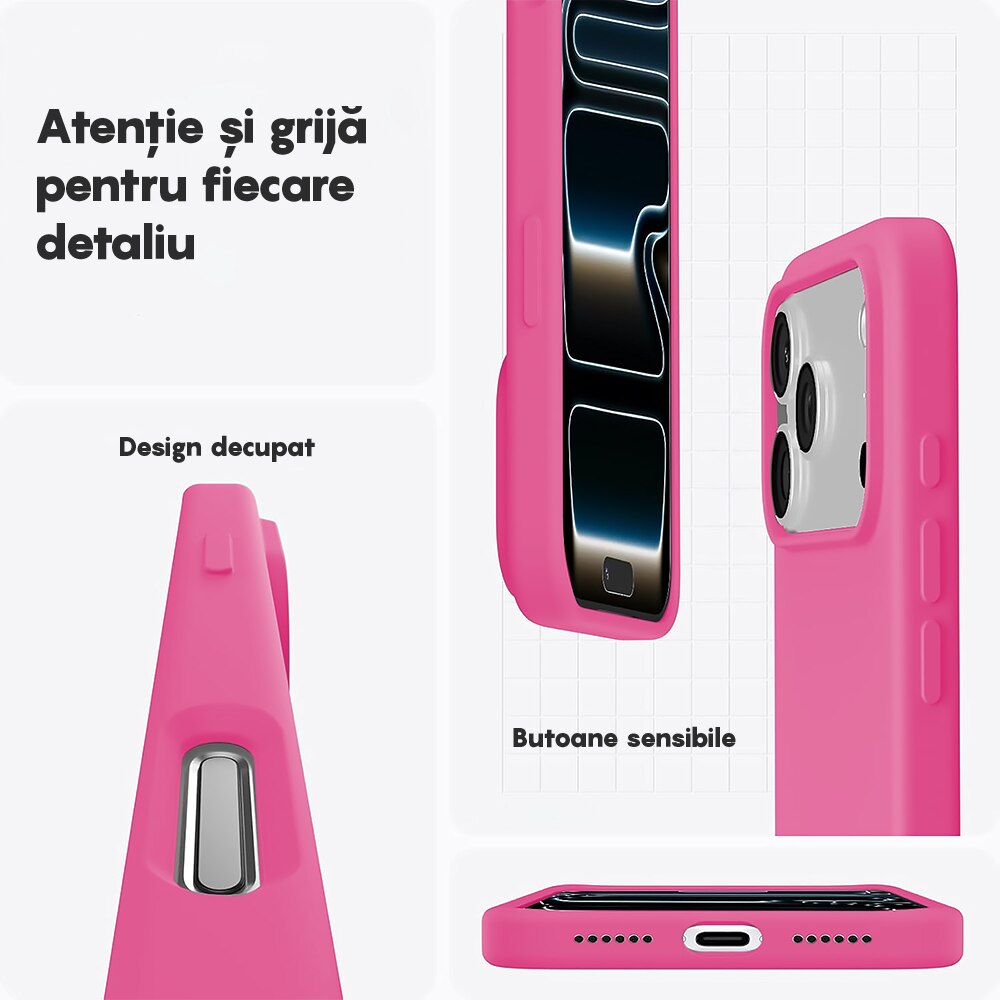Husa CASEY STUDIOS™ pentru Apple iPhone 17 Pro, Soft Silicone Premium, Microfibra in Interior, de Protectie, Ultra Slim, pentru Incarcare Wireless, Margini Ridicate pentru Protectia Ecranului si a Camerelor, Fucsia