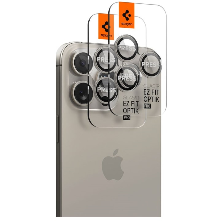 Set 6 protectii sticla camera foto Spigen Optik EZ FIT compatibil cu iPhone 14 Pro / 14 Pro Max / 15 Pro / 15 Pro Max / 16 Pro / 16 Pro Max Natural Titanium