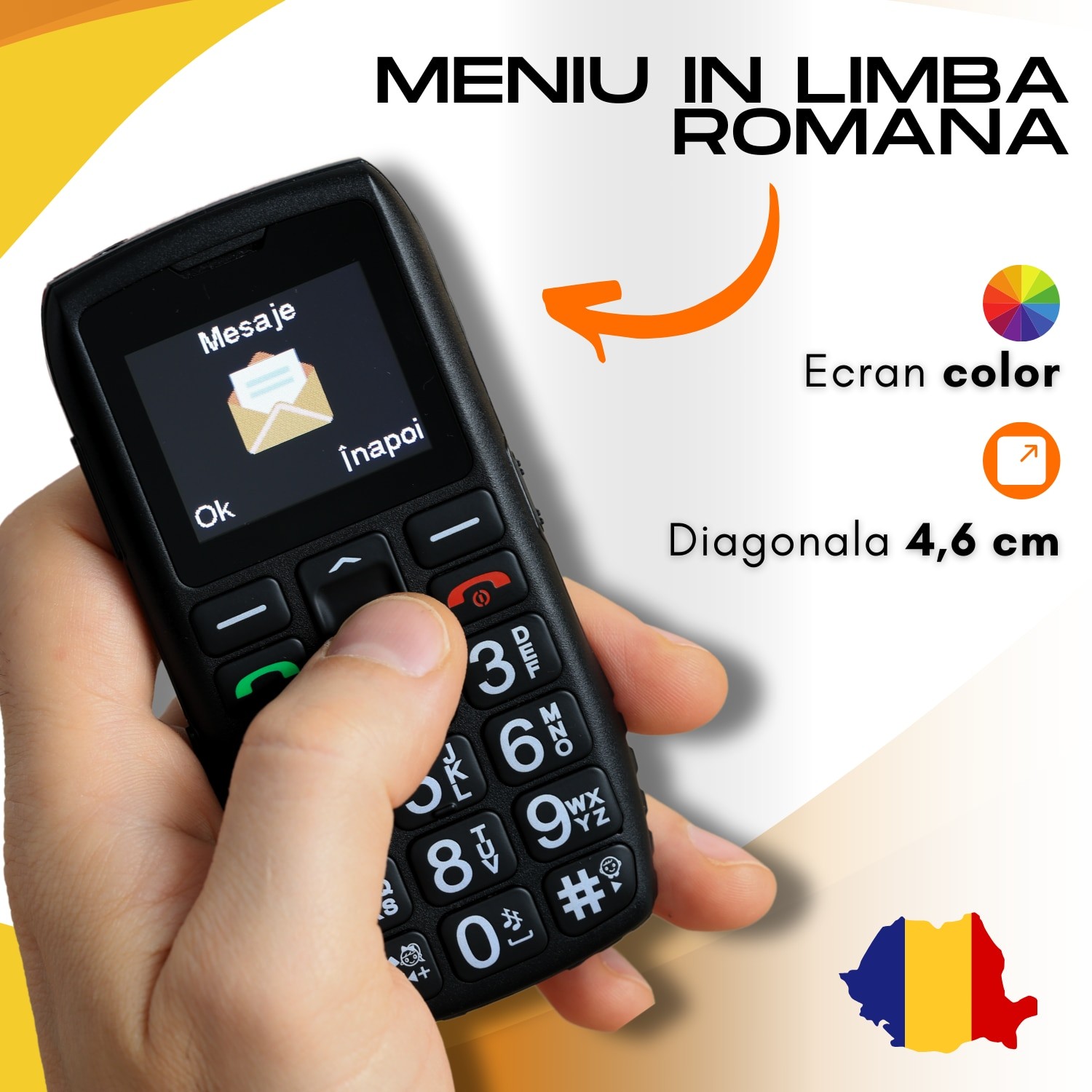 Telefon mobil pentru seniori, cu meniul in limba Romana, Stand pentru incarcare, taste mari, buton SOS, micro SIM, retea 4G, Functie Apelare rapida, Lanterna