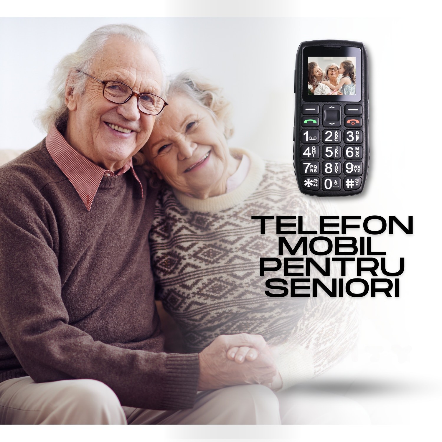 Telefon mobil pentru seniori, cu meniul in limba Romana, Stand pentru incarcare, taste mari, buton SOS, micro SIM, retea 4G, Functie Apelare rapida, Lanterna