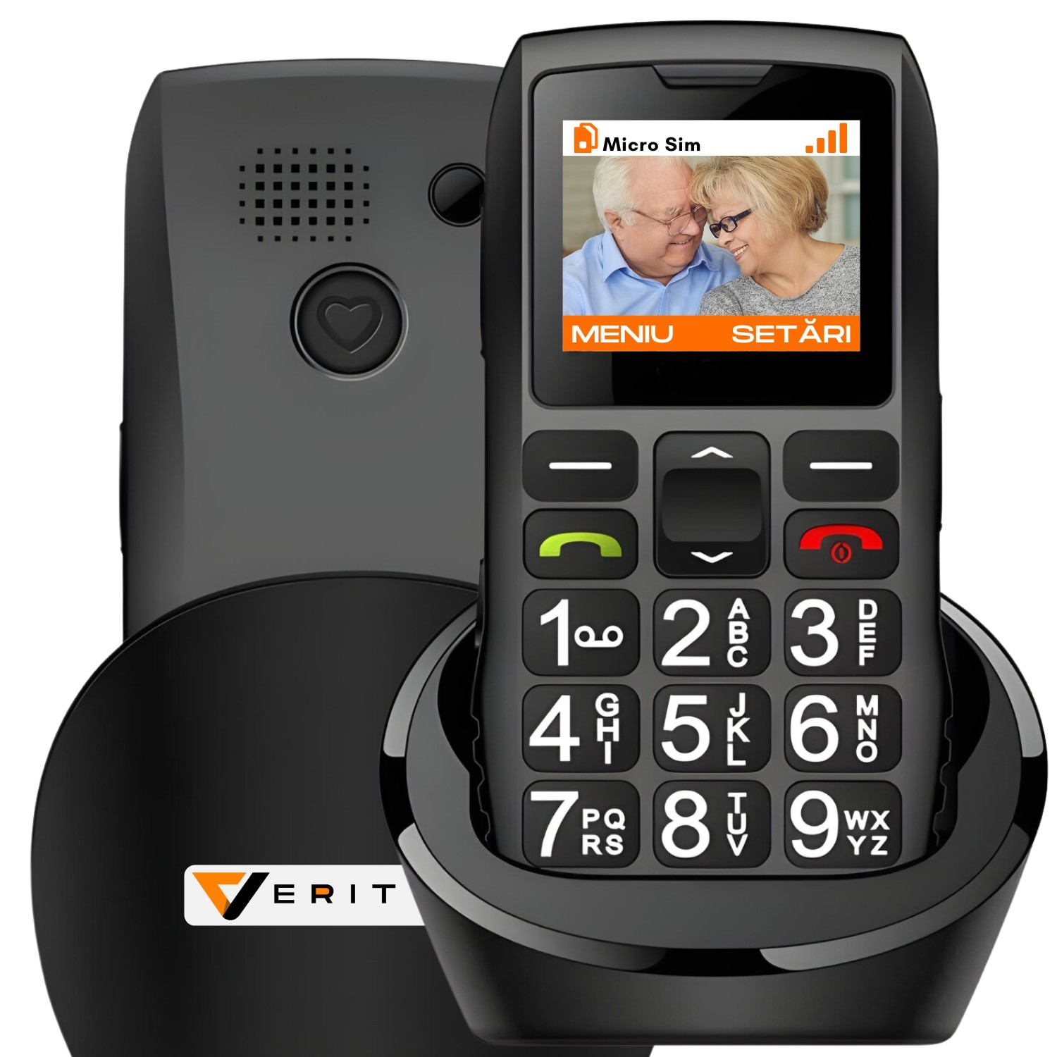 Telefon mobil pentru seniori, cu meniul in limba Romana, Stand pentru incarcare, taste mari, buton SOS, micro SIM, retea 4G, Functie Apelare rapida, Lanterna