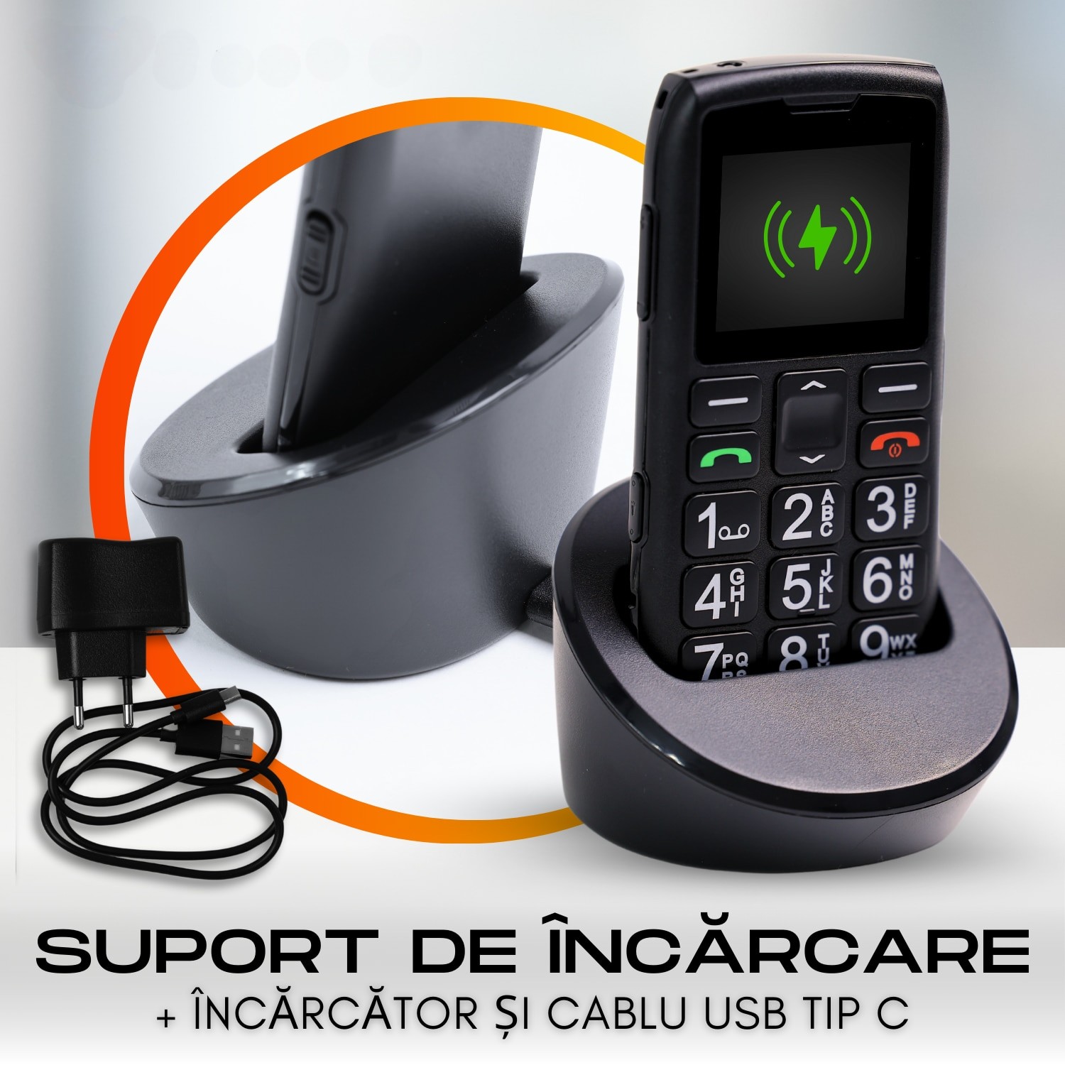 Telefon mobil pentru seniori, cu meniul in limba Romana, Stand pentru incarcare, taste mari, buton SOS, micro SIM, retea 4G, Functie Apelare rapida, Lanterna