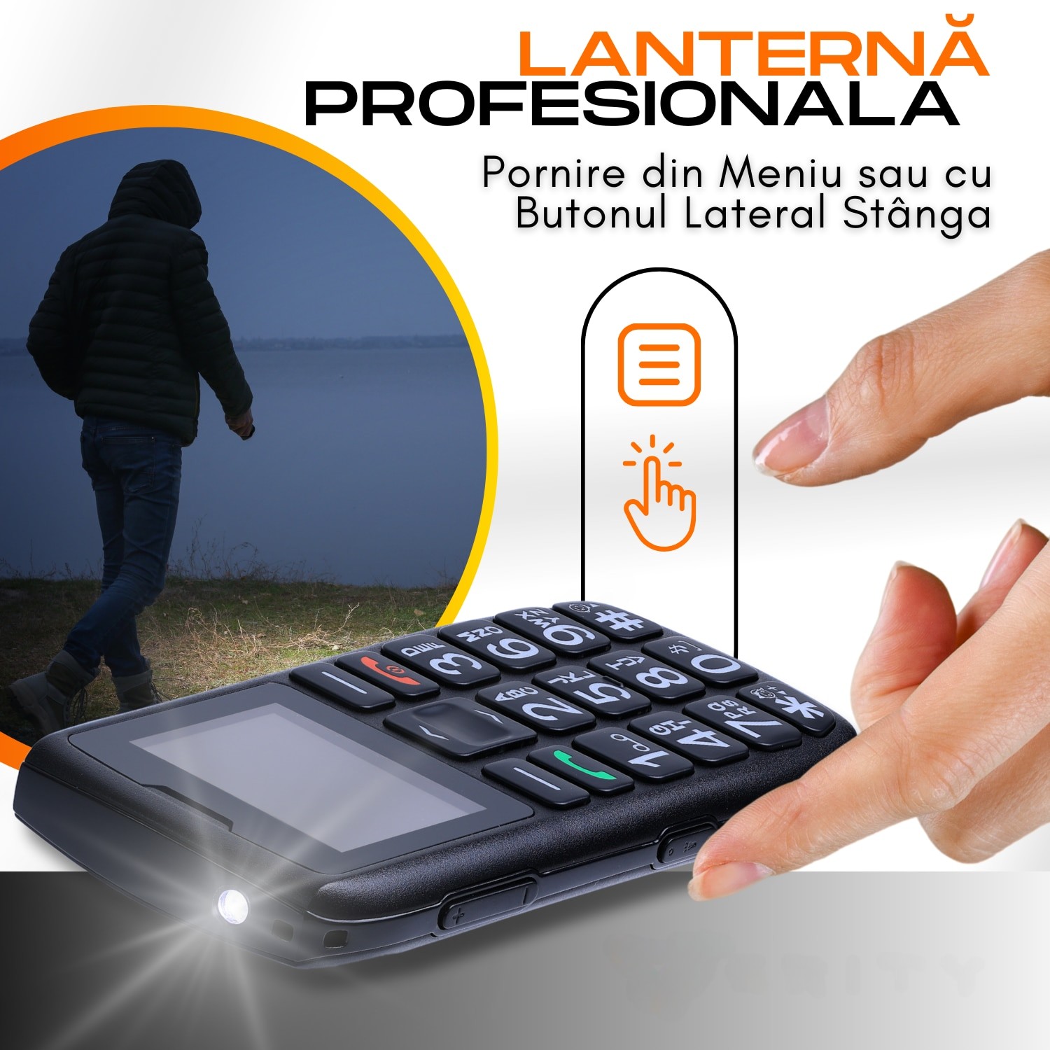 Telefon mobil pentru seniori, cu meniul in limba Romana, Stand pentru incarcare, taste mari, buton SOS, micro SIM, retea 4G, Functie Apelare rapida, Lanterna
