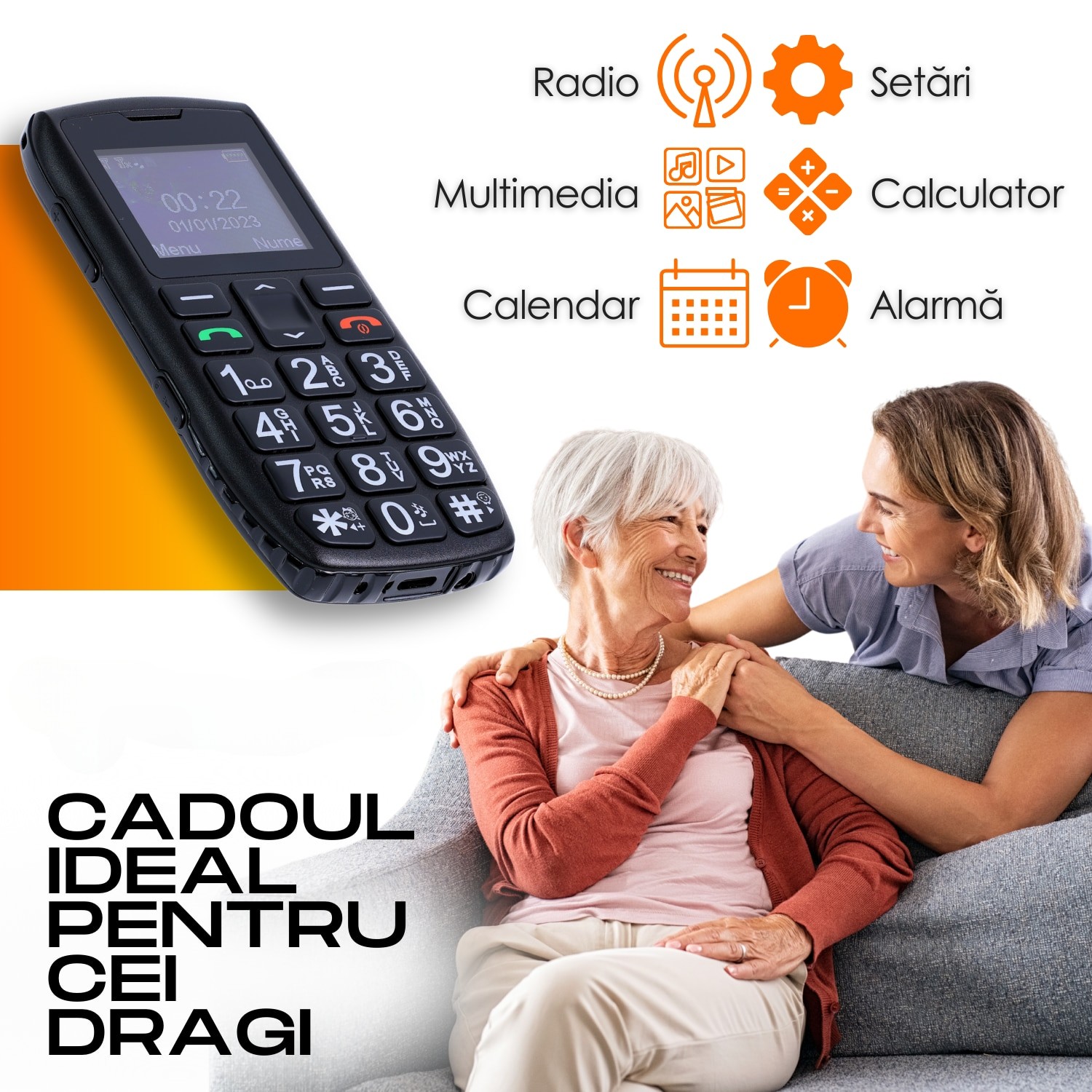 Telefon mobil pentru seniori, cu meniul in limba Romana, Stand pentru incarcare, taste mari, buton SOS, micro SIM, retea 4G, Functie Apelare rapida, Lanterna