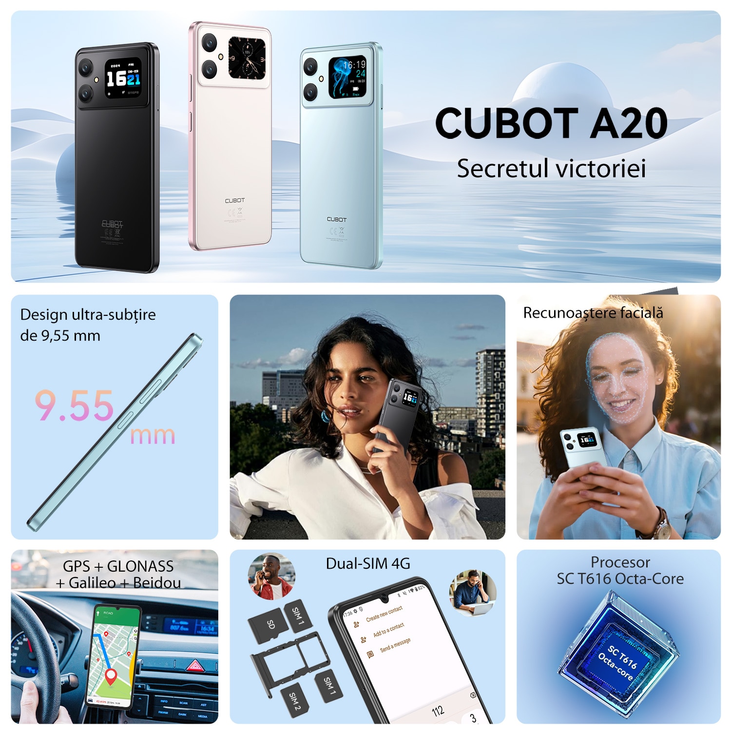Telefon mobil CUBOT A20, Dual SIM, Android 14, 12GB+128GB/1TB, 5100mAh, ecran HD de 6.8" + Octa-Core 90Hz, Camera cu 48MP+16MP, Smartphone 4G, Face ID/GPS, Negru