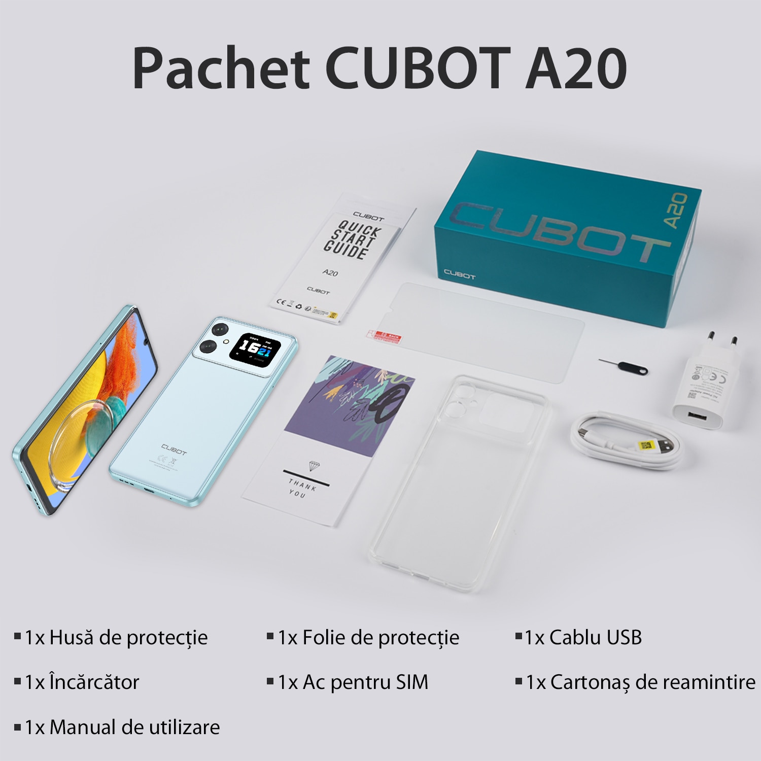 Telefon mobil CUBOT A20, Dual SIM, Android 14, 12GB+128GB/1TB, 5100mAh, ecran HD de 6.8" + Octa-Core 90Hz, Camera cu 48MP+16MP, Smartphone 4G, Face ID/GPS, Negru